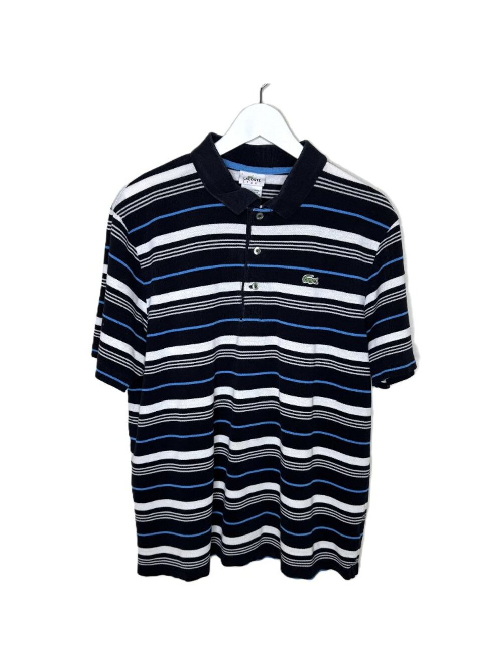 Vintage 80s Lacoste Classic Black, Blue & White Striped Pique Polo Shirt, Size 6